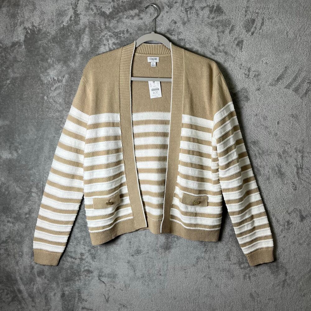 J.Crew Striped Cardigan LG Gold Button Pockets Nautical Khaki Ivory Texture New